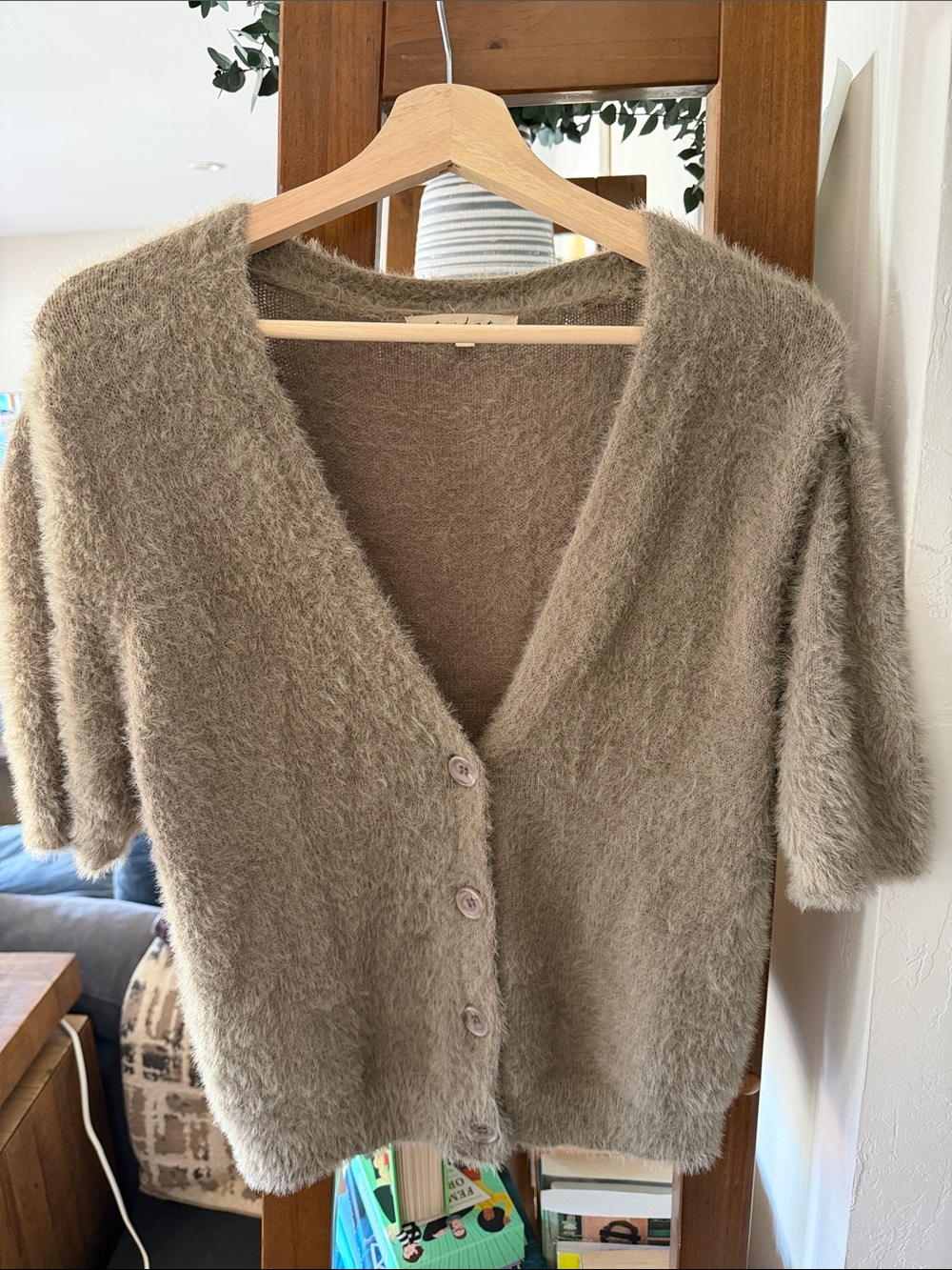 Soft Fuzzy V-Neck Button Front Sweater Cardigan - Taupe